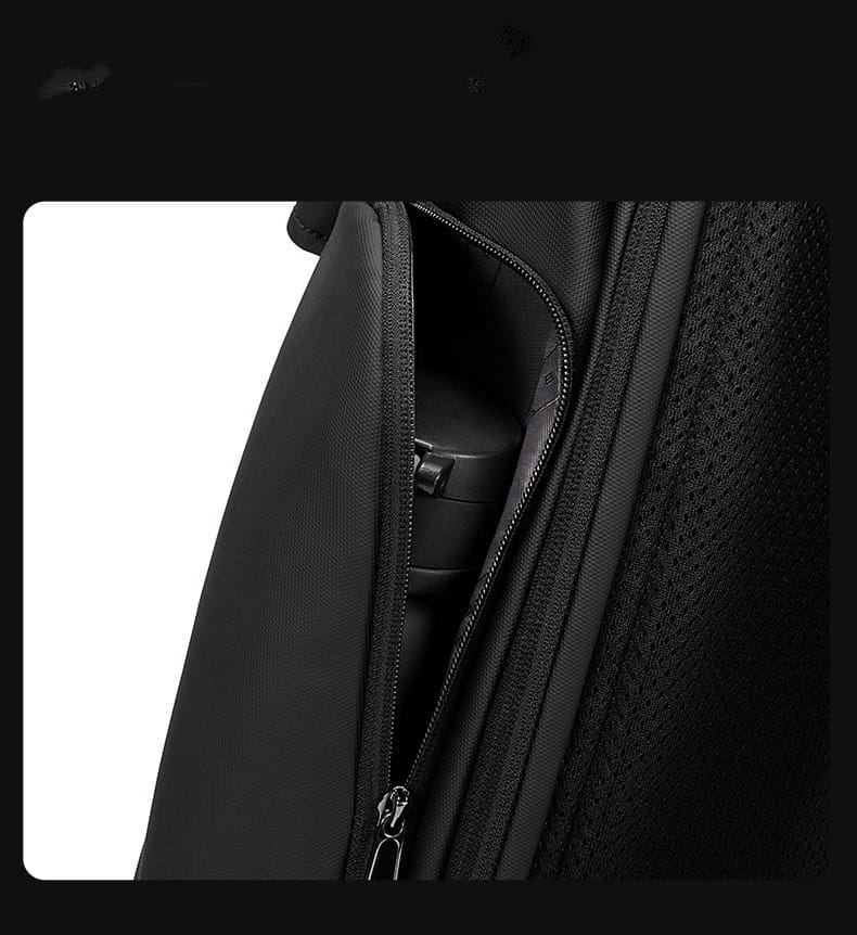 Black nylon business backpack with large 30l capacity features a black mesh-textured exterior and zipper opening revealing an internal compartment containing a black cylindrical water bottle.