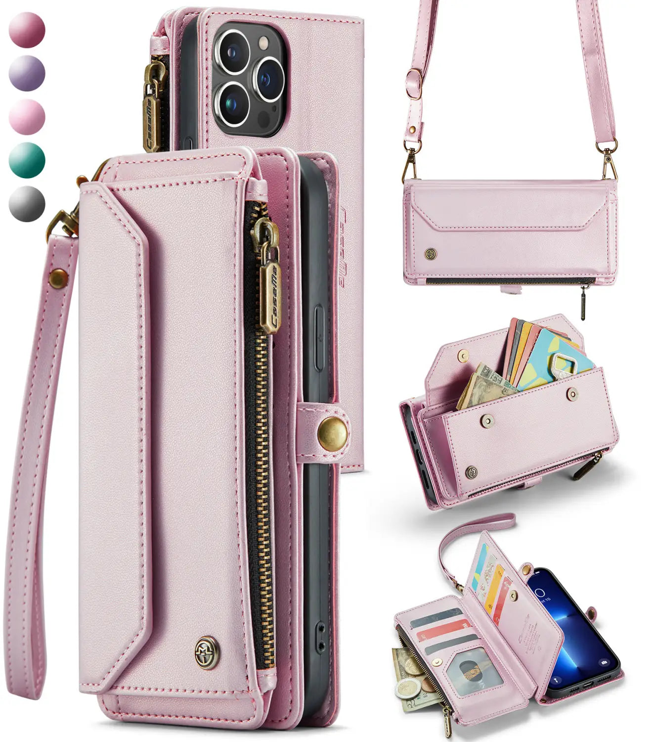 pink leather wallet phone case with removable wrist strap featuring gold-tone zippers and hardware