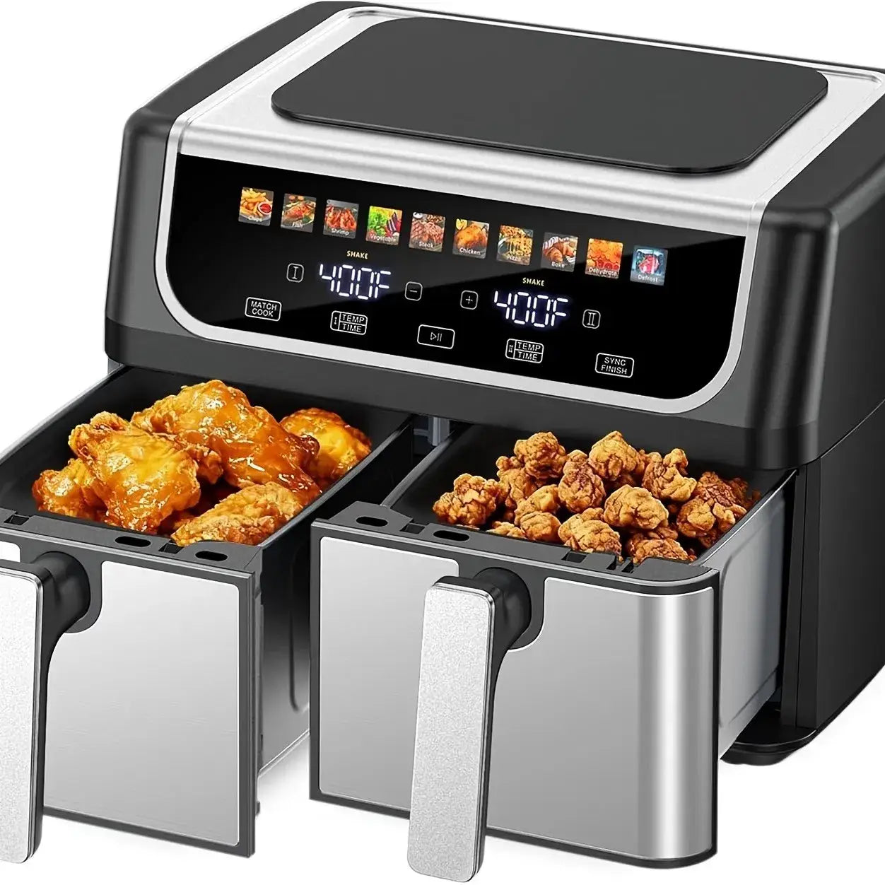 Doppelkörbchen-Heißluftfritteuse mit 9,5 Quart Fassungsvermögen, mit zwei getrennten Fächern, digitalen Bedienelementen und 10 voreingestellten Garprogrammen in eleganter schwarzer und Edelstahl-Ausführung.