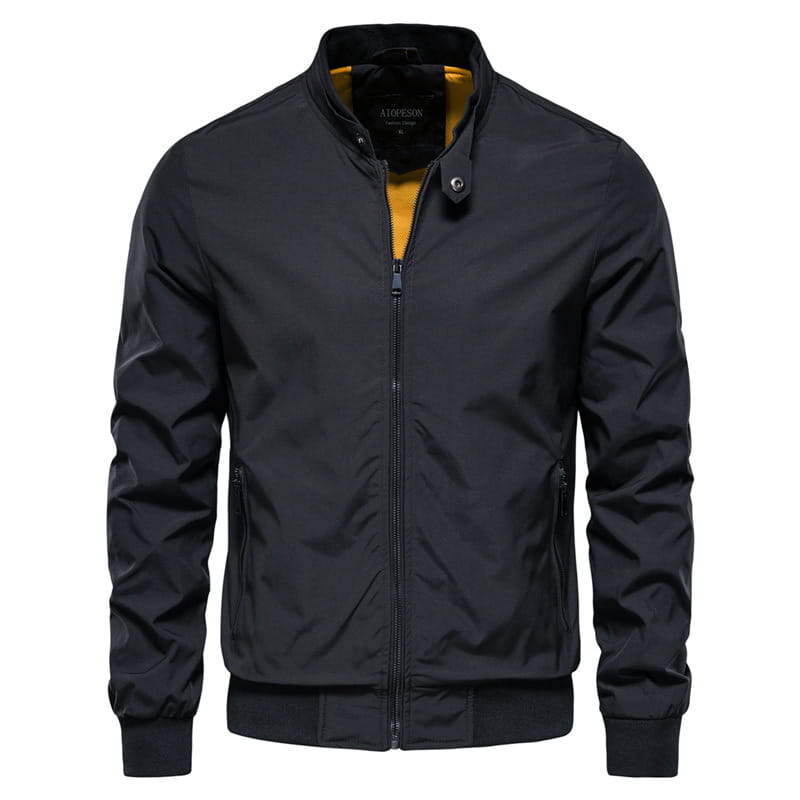Men’s bomber jacket casual zip outerwear in black aopison fabric with contrasting yellow inner lining and zipper closure.
