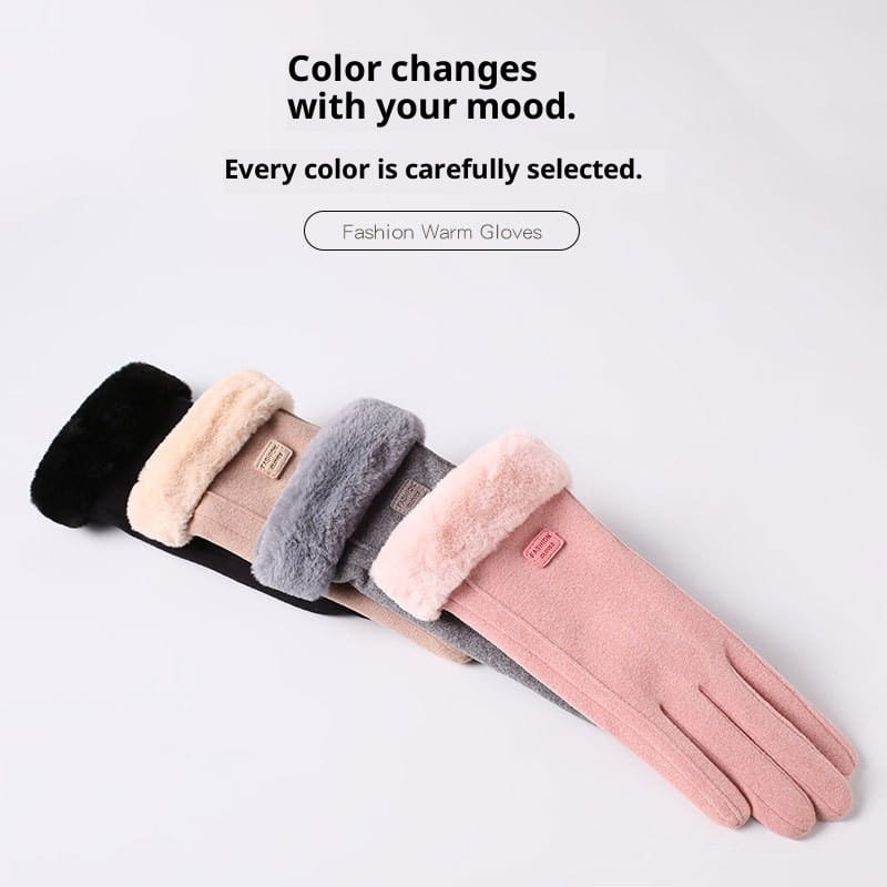 A collection of women’s thermal suede touchscreen gloves in pastel pink black beige and gray with plush faux fur cuffs.