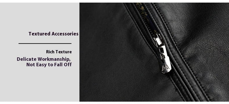 men’s sheepskin leather jacket featuring a black leather zipper with a silver toned metal pull tab and thin fleece lining