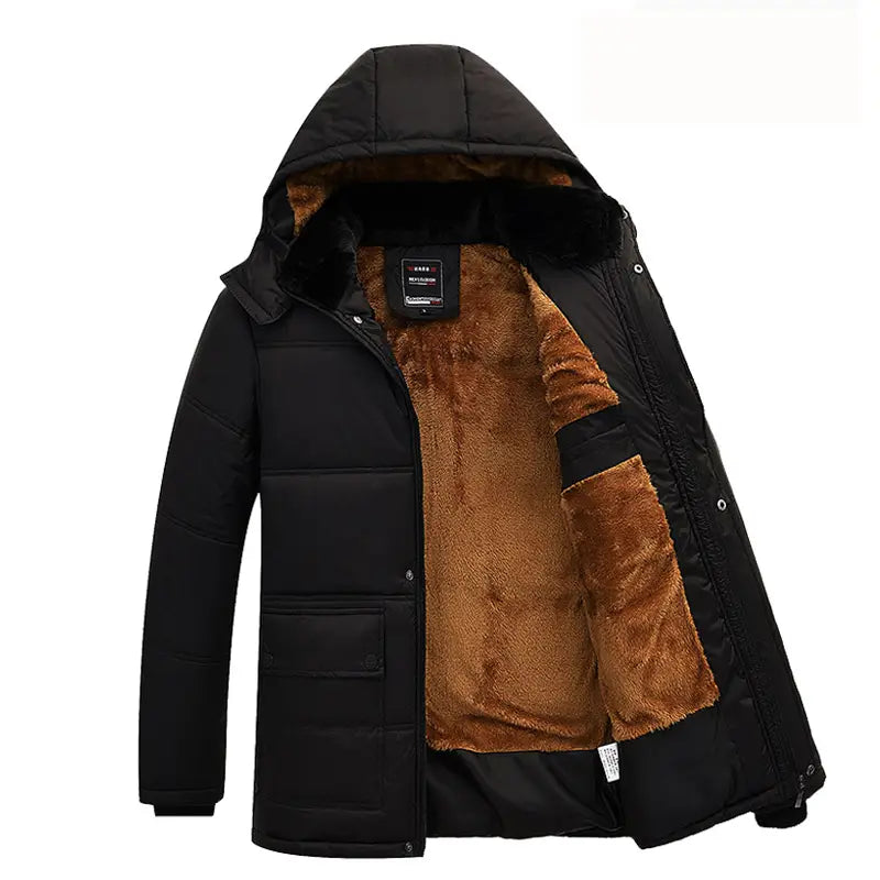 veste matelassée noire ample à capuche pour homme avec doublure en polaire marron visible à l’intérieur de la capuche