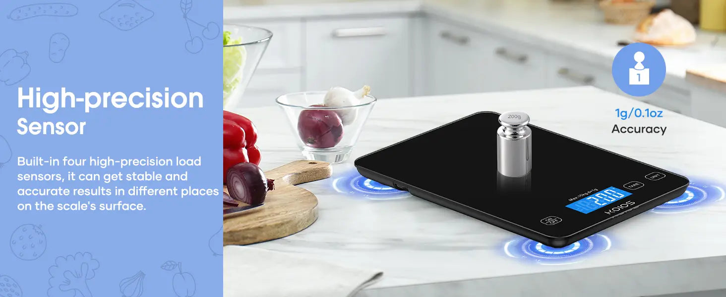 Black digital kitchen scale with silver metallic weight and blue illuminated display showing 200g capacity designed for precise food measurement with 15kg rechargeable capability.