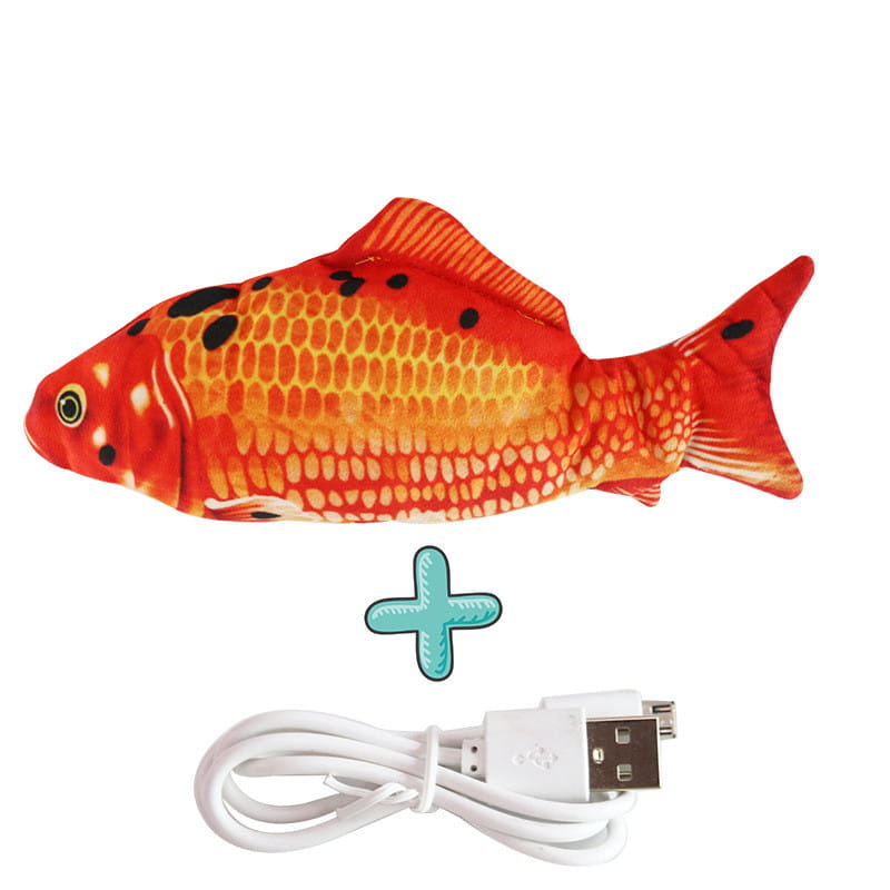 An interactive electric fish cat toy that is usb rechargeable featuring a plush orange and red body with black spots and a yellow eye.