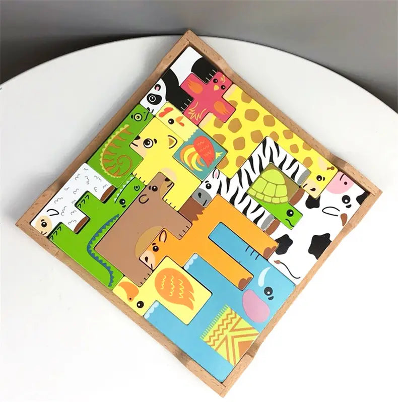 Colorful wooden animal puzzle maze stacking blocks toy featuring bright cartoon-style creatures made from wood.