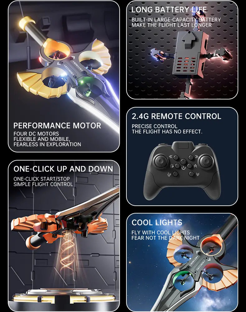 Flying Sword Drone Gold Robot Battery kids toy featuring an orange and black sleek design with glowing lights and four propellers.