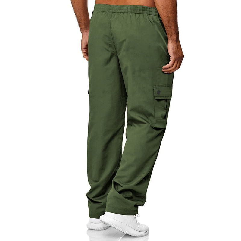 Mens straight leg cargo work pants in olive green featuring an elastic waistband and side pockets suitable for durable workwear.