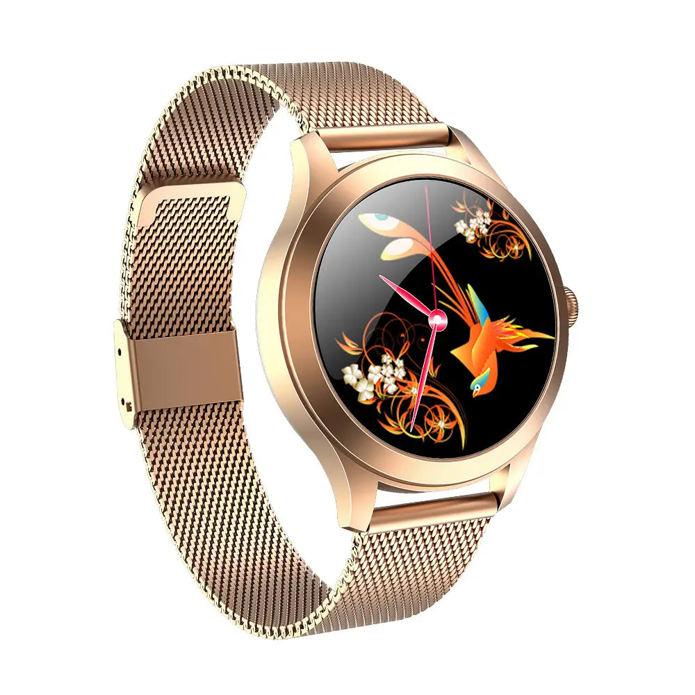 Kw10 Pro women rose gold mesh smartwatch with a black face featuring an ornate orange and blue bird design on the butterfly dial.