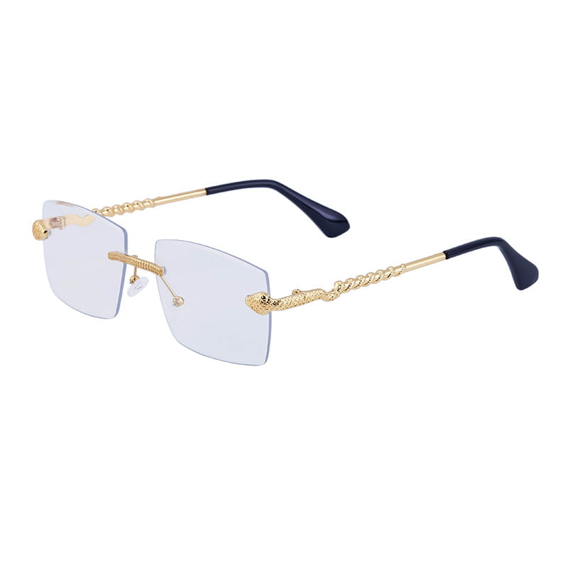 Rimless sunglasses for men featuring gold-toned snake embellishments, transparent lenses, and navy blue temple tips with uv400 protection.