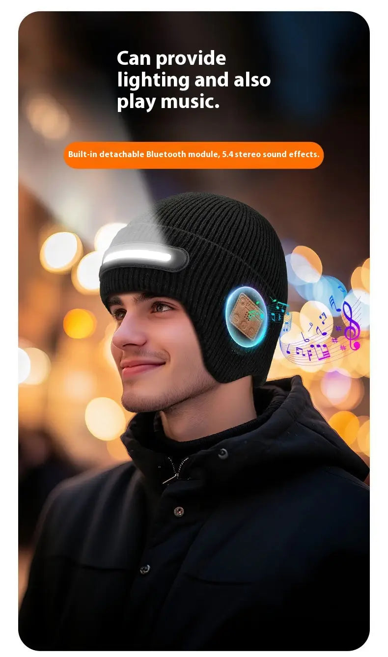 Black knitted beanie hat with built-in bluetooth module and led light strip designed for running.