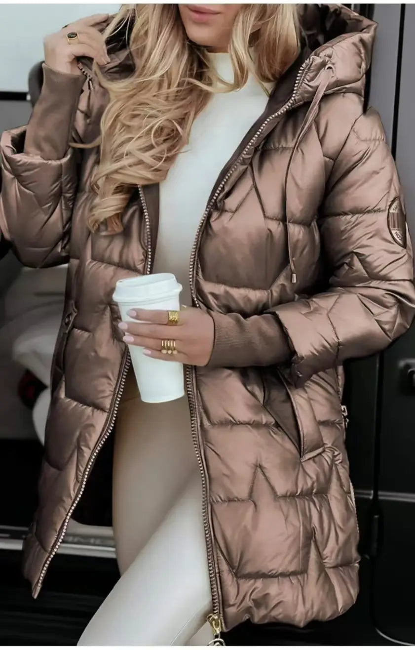 a glossy hooded down puffer jacket in shiny metallic bronze with a quilted design and zipper details