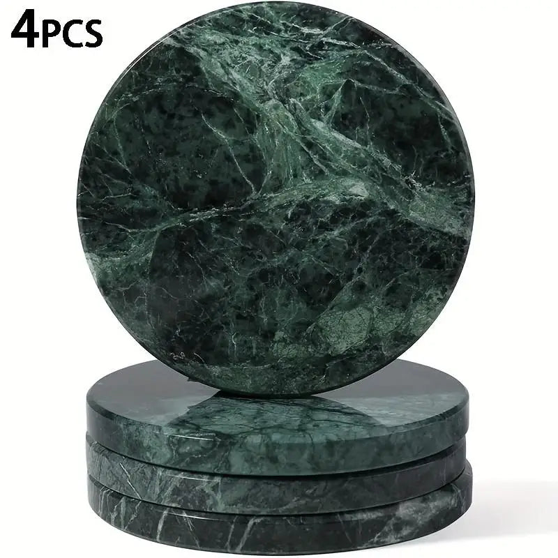 Green marble coasters set of 4 round stone pads featuring dark green marble with swirling veining patterns.