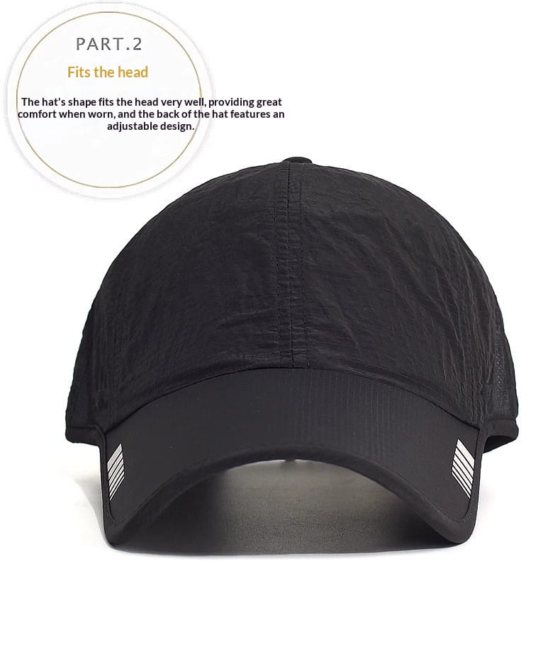 Black quick-drying running hat with textured fabric body and white reflective stripes on the brim designed for sports sun protection.