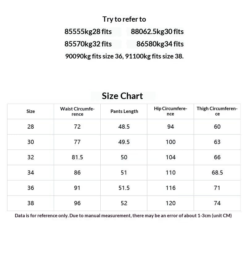 Size chart for men casual straight leg cargo pants displaying measurements in centimeters for sizes 28 to 38.