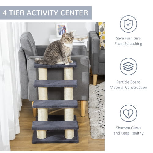 Gray and beige four-tier Pawhut 4-step cat stairs with sisal scratching posts designed for cat activity and climbing.