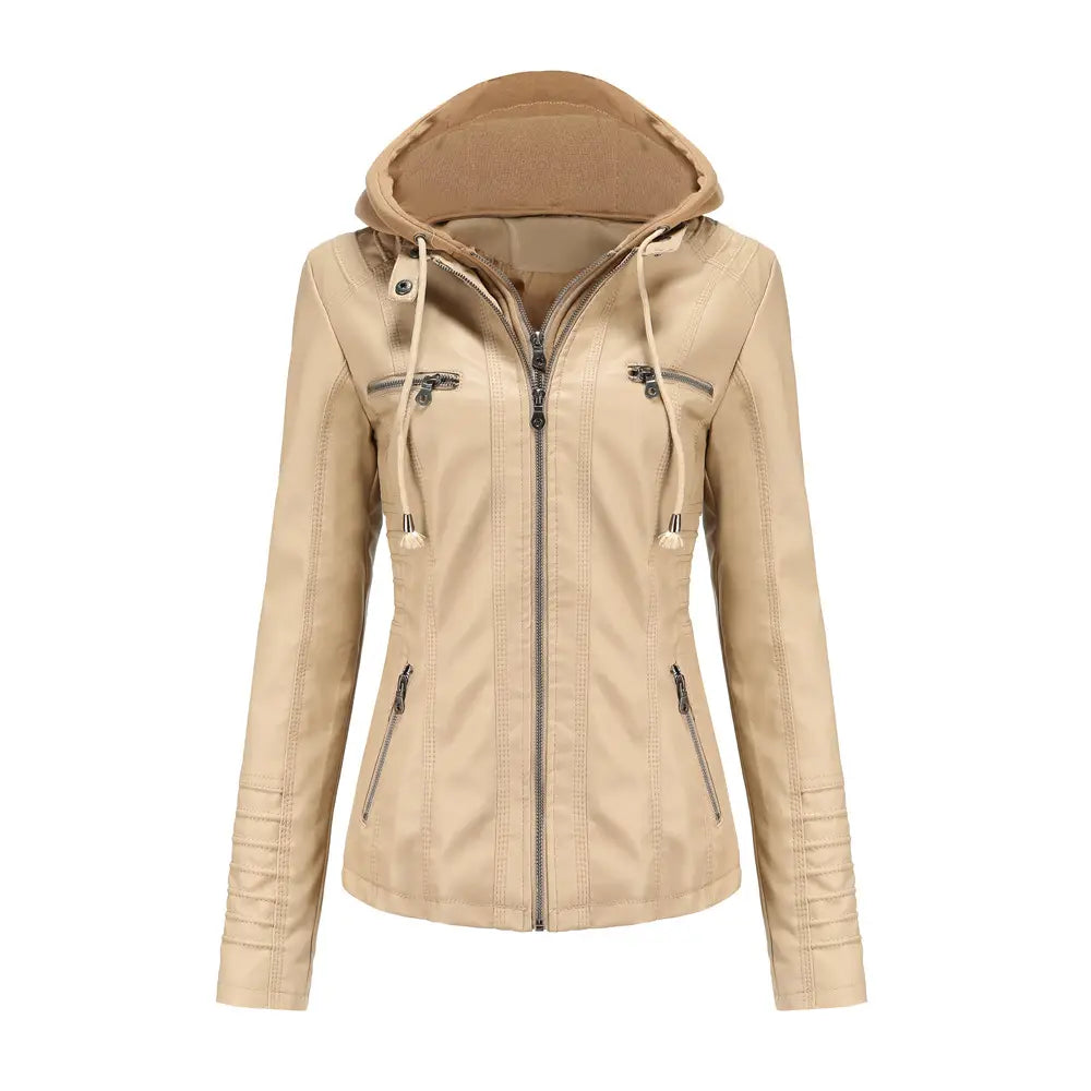 Beige faux leather hooded jacket with zippered pockets and drawstring detailing from the hooded leather jacket two-piece detachable slim fit collection.