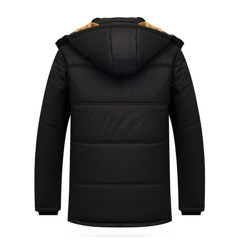 veste matelassée ample à capuche pour homme en noir, avec une capuche doublée de beige duveteux et une doublure en polaire, pour vous tenir chaud en hiver.