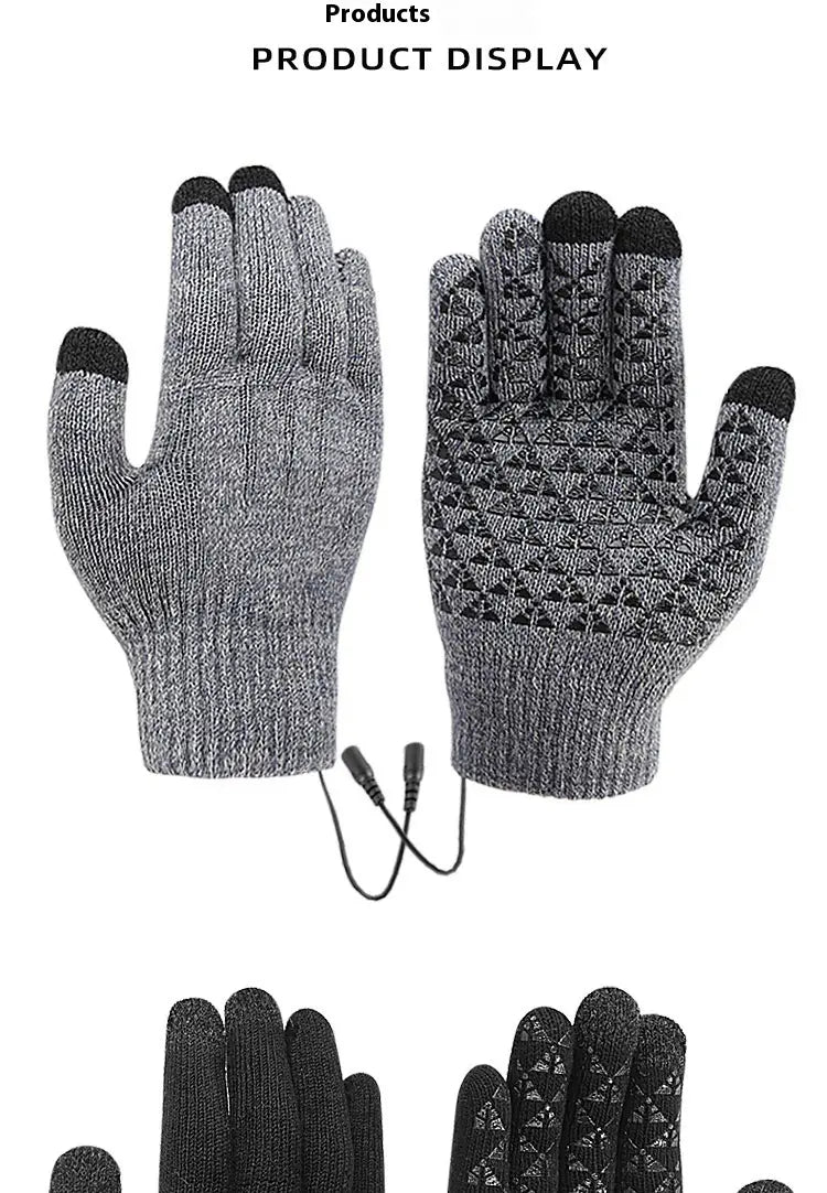 Gray knitted usb heated typing gloves with black touchscreen fingertips and textured grip pattern on the palm featuring an attached charging cable for thermal winter use