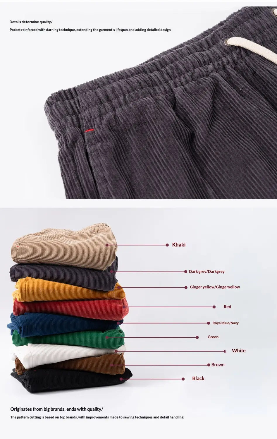 Stack of men cotton corduroy shorts in various colors including khaki dark grey ginger yellow red royal blue green white and black featuring casual summer drawstring design.