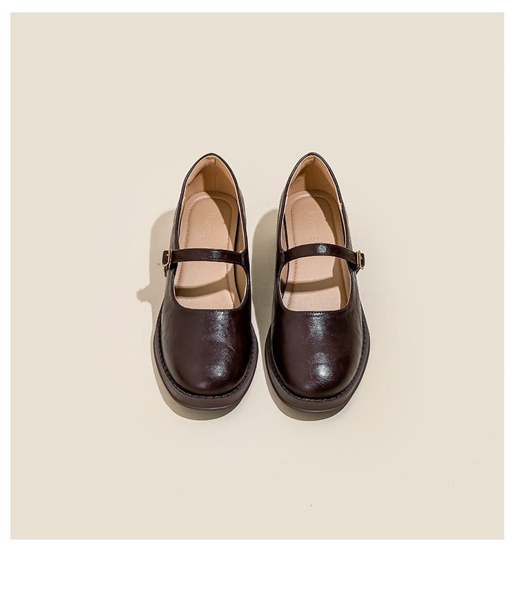 dark brown leather mary jane shoes with rounded toe and low block heel shown from the back side