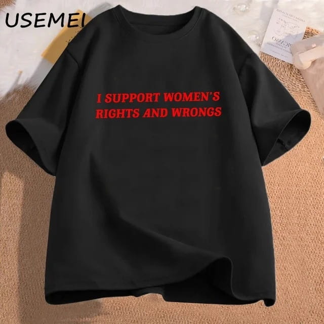 Black oversized cotton short-sleeved t-shirt with bold red text reading i support womens rights and wrongs across the chest.