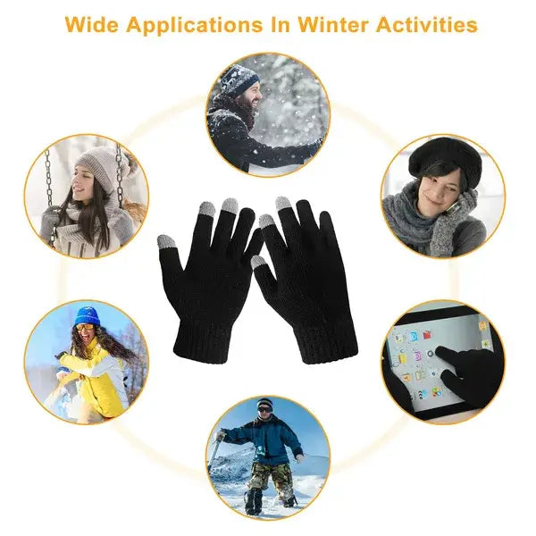 Black knit touchscreen winter gloves with gray fingertips designed for warm texting and outdoor activities.
