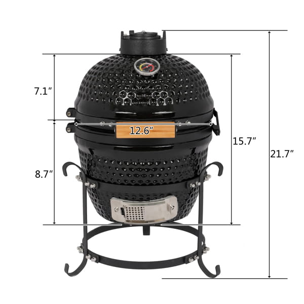 Black ceramic 13 inch kamado charcoal grill with temperature gauge and wooden handle accents.