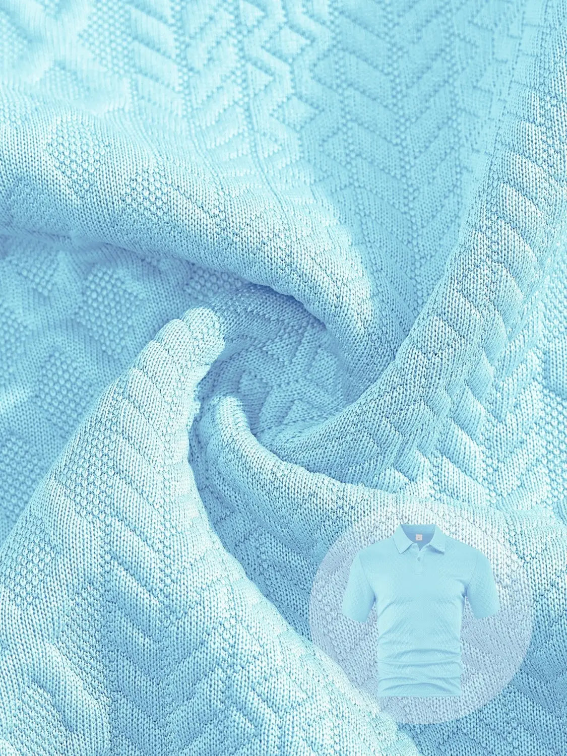 Light blue knitted men textured short sleeve polo shirt with a subtle textured pattern.
