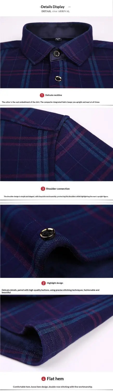 Chemise à manches longues en polaire pour homme doublée à carreaux bleu foncé et violet, avec un col classique en matière chaleureuse et confortable.