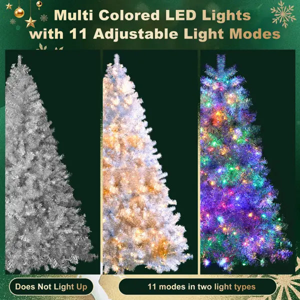 Silver pre-lit artificial Christmas tree with multi-colored LED lights and 11 adjustable modes featuring a silver white and colorful design.