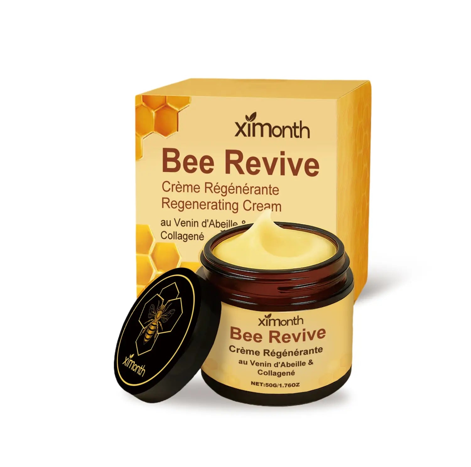 A golden-hued honeycomb-patterned box and jar of Ximonth bee venom regenerating cream with collagen and honey featuring a black lid with a bee emblem.