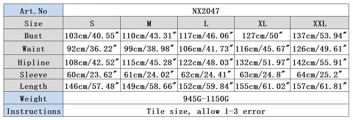 Le tableau présente la taille ainsi que les spécifications de mesure pour la combinaison de ski à capuche en fourrure matelassée pour femmes, avec l’article n° nx2047, comprenant la poitrine, la taille, la ligne de hanches, la longueur des manches, le poids et les instructions.