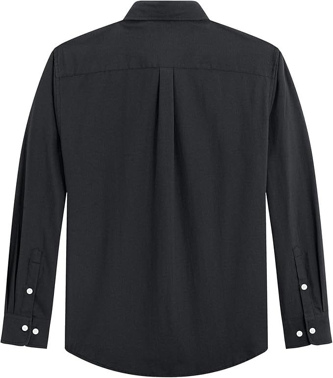 Men’s long sleeve Oxford button down shirt in black with a subtle pleat down the back and white buttons on the cuffs shown from the back side.