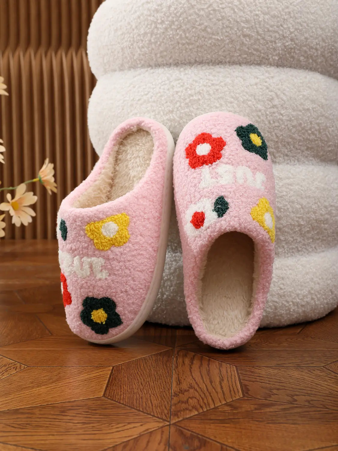 pink plush floral cotton slippers with soft tpr sole featuring colorful embroidered flowers in red yellow and green