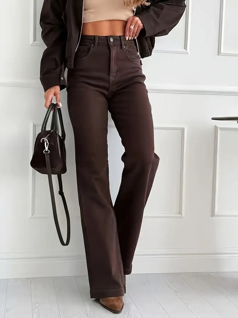 dark brown high waisted flared jeans featuring a classic five pocket design with visible stitching perfect for casual wear