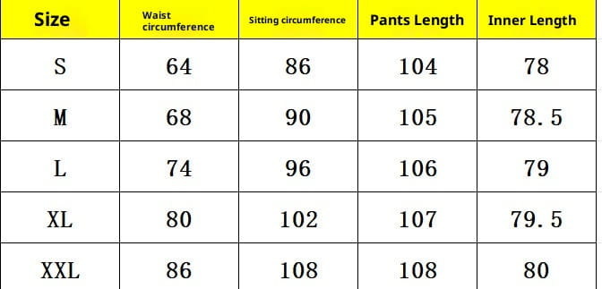 Tableau des tailles pour les jeans droits en denim brodé indiquant les mesures du pantalon en pouces pour les tailles S à XXL.