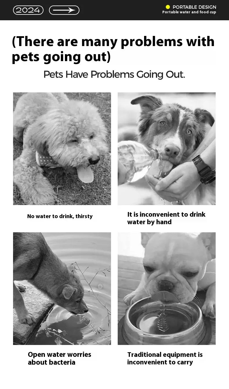 Distributeur portable pour eau et nourriture pour chien en bleu, conçu avec un format compact et pratique afin d’assurer une hydratation et un apport alimentaire sûrs pour les animaux de compagnie, en répondant à des problématiques telles que la soif et les risques bactériens.
