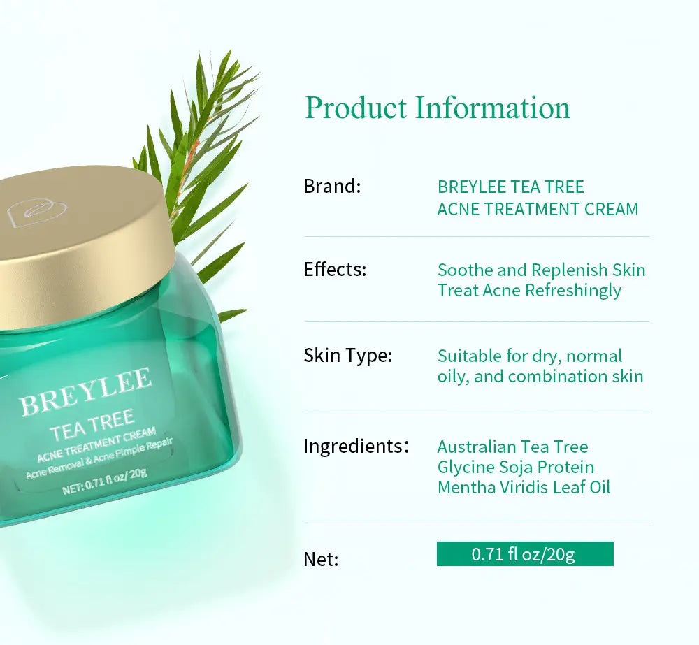 Green glass jar with a gold lid labeled breylee tea tree acne treatment cream for face and neck use containing 20 grams of product.