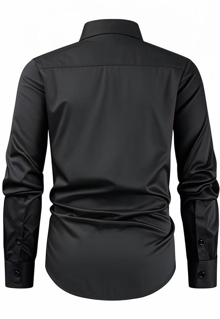 Herren-Slim-Fit-Paillettenkleid für Partys in schwarzem Satin-Finish mit klassischem Kragen und geknöpften Manschetten mit langen Ärmeln.