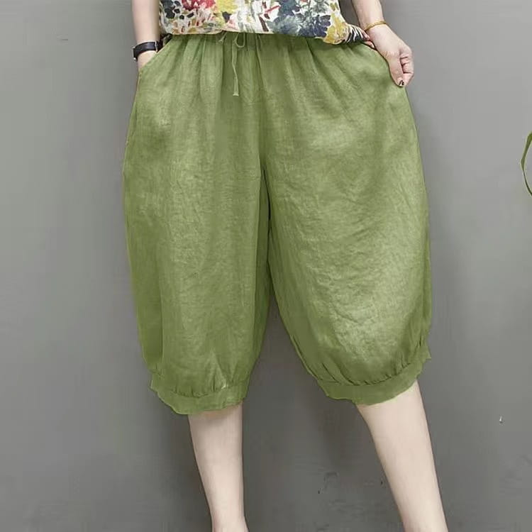 pantalones capri de lino estilo harén de talla grande color verde oliva con pretina ajustable con cordón y puños elásticos para un uso casual cómodo