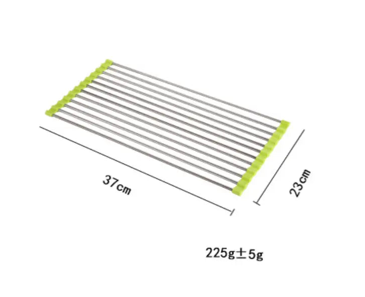 eine Abtropfmatte mit Edelstahl-Klapp-Sieb für das Spülbecken aus rostfreiem Stahl mit kräftig limettengrünen Kunststoff-Endkappen und einem eleganten Design
