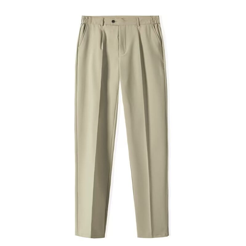 Pantalon de ville casual plissé pour hommes en beige, avec une taille élastique et une fermeture à un seul bouton pour un port quotidien confortable.