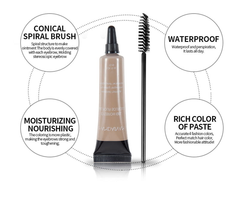 a sleek black tube of eyebrow henna gel waterproof liquid tint tattoo kit with a matching cap revealing beige-colored paste inside and a conical spiral brush for precise application.