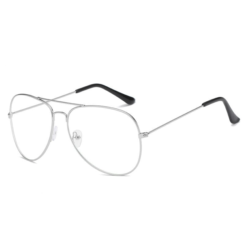 Silver metal aviator sunglasses with black temple tips designed for unisex use with UV protection.