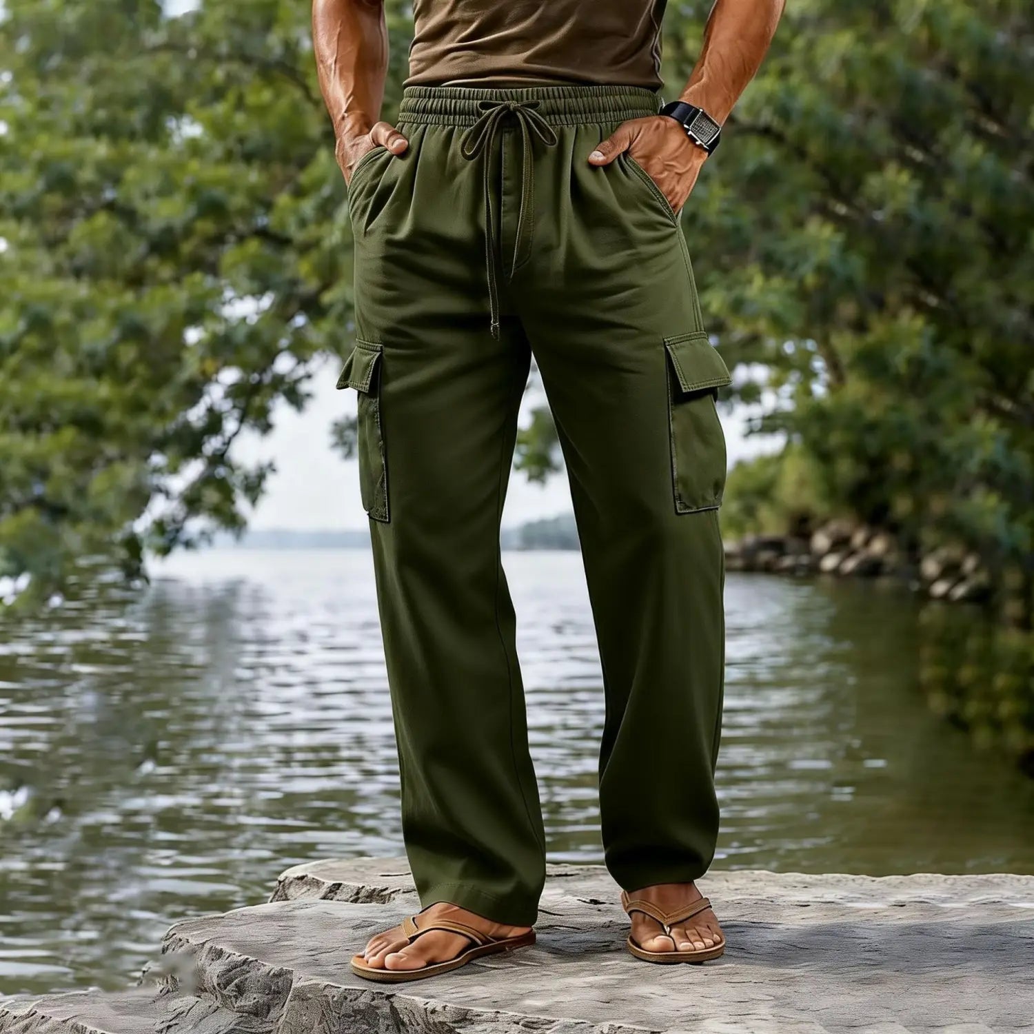 Men cotton linen cargo pants in olive green featuring a casual straight leg design with a drawstring waist and multiple pockets.