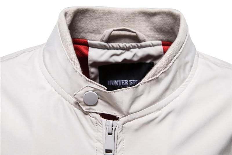 Men’s bomber jacket casual zip outerwear in white with a gray fleece-lined collar and red trim features a storm jacket design.