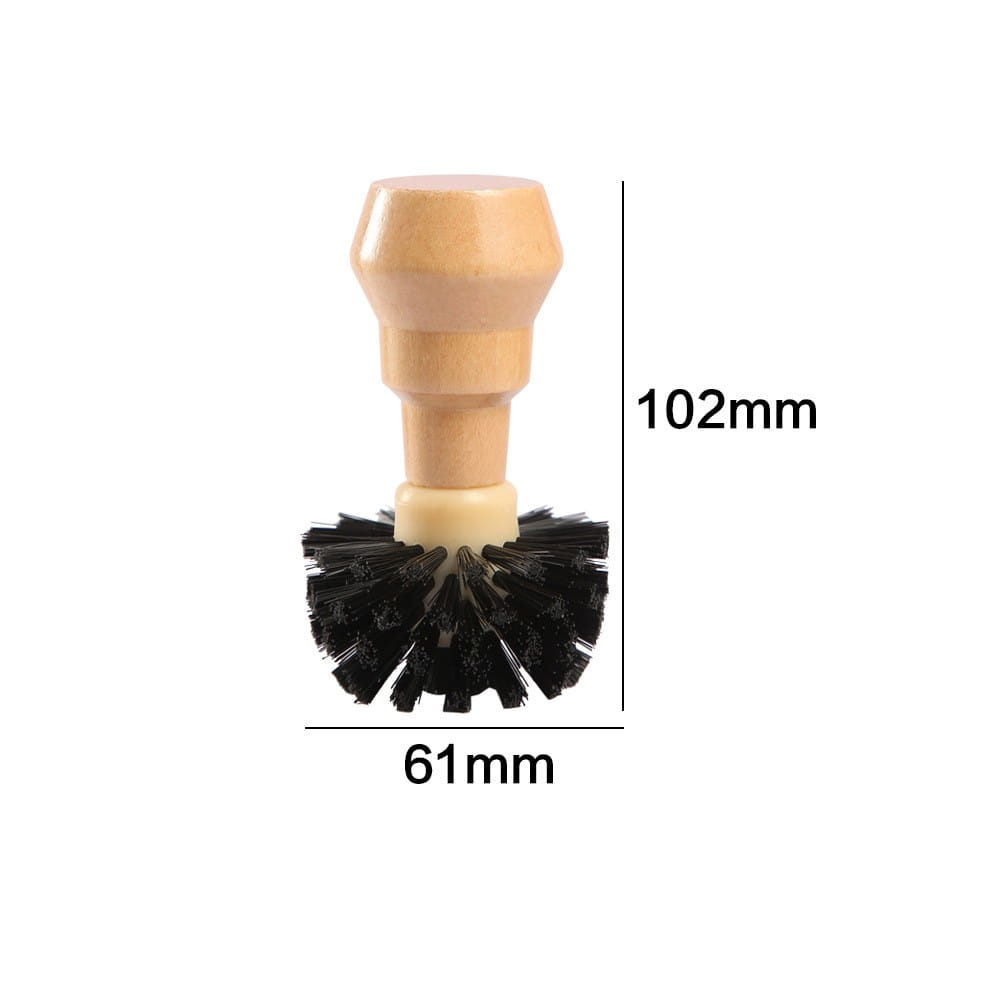 A wooden-handled coffee machine cleaning brush with black bristles measuring 102mm in height and 61mm at the base.
