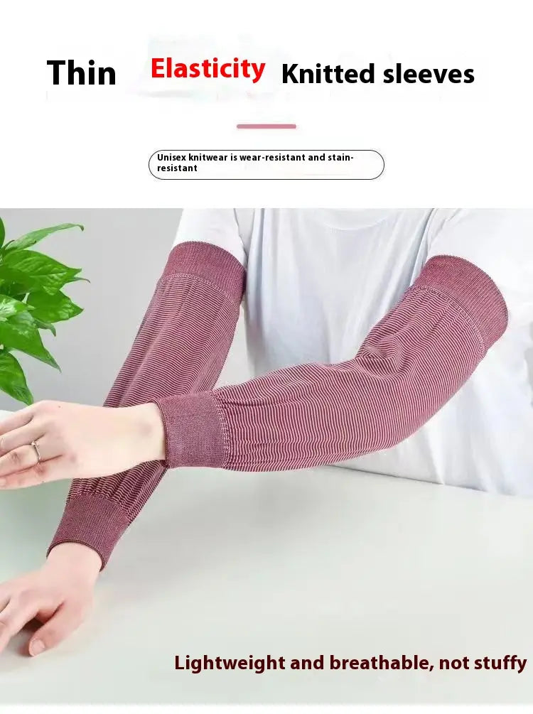 Maroon knitted sun protection cooling arm sleeves with a fine ribbed texture designed for breathable elastic and thin wear.
