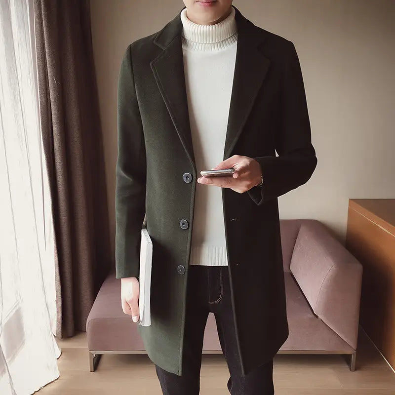 Mens slim wool trench coat korean style in dark green featuring a longline design with notched lapels and three dark buttons.